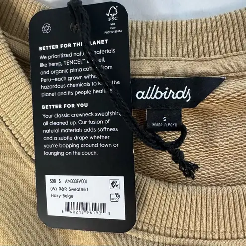 Allbirds NWT Women Size S R&R Hazy Beige Crew Terry Sweatshirt Hemp Cotton Gym