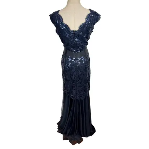 Tadashi Shoji Sequin and Tulle Lace Mermaid Gown Ribbon Tie in Navy 3T1430LX