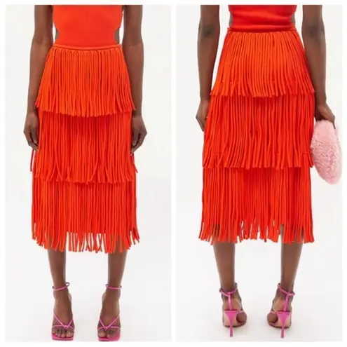Proenza Schouler Fringe Knit Midi Skirt Women’s Size Large Orange Tiered S22