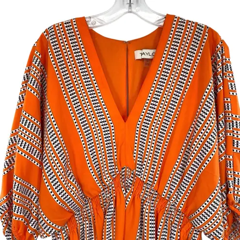 Taylor Stripe Print Orange Fit and Flare Dress Elbow Sleeve V