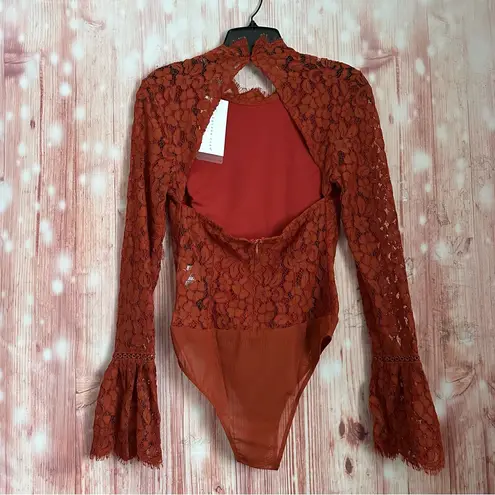 Endless Rose Rust Brown Lace Open Back Flare Sleeve Bodysuit Size XS