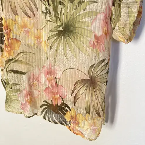 Tommy Bahama  Top Women Small Sheer Tropical Floral Print Popover Roll Tab Sleeve