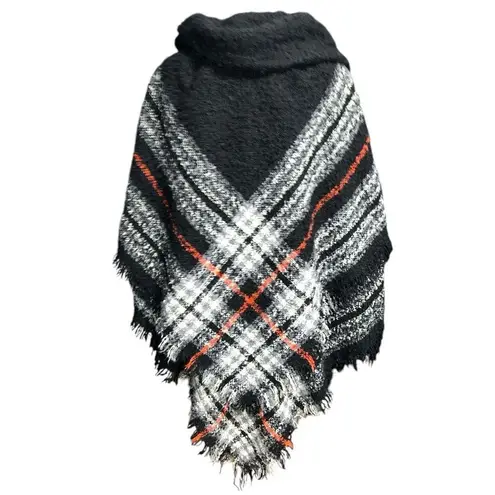 Black poncho with white and ted plaid design. Not a hoodie but a high collar! Size undefined