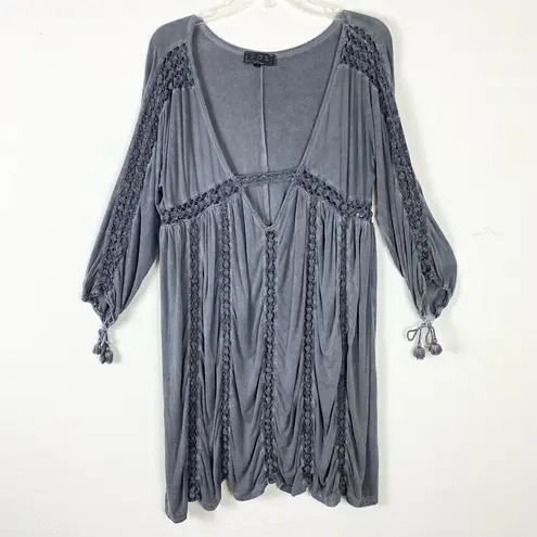 Vintage y2k Pol Grey Deep V Ladder Lace Grunge Fairy Long Sleeve Dress Size S Gray