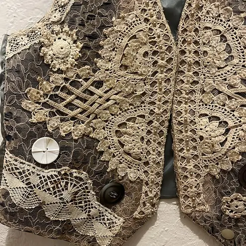 Vintage Silk Vest Lace Embellished Beads Sequin Floral Boho Size XL