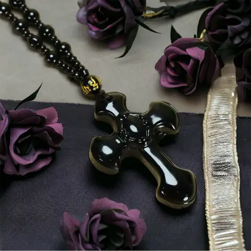 1pc Black Religious Christian Cross‎ Fashion Obsidian Style Pendant Necklace