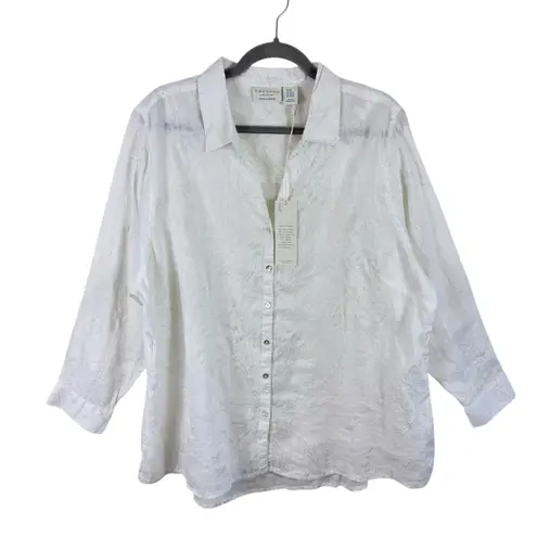 Calypso St. Barth NWT 100% Linen White Long Sleeve Silver Shimmer Button Up 2X - Image 1