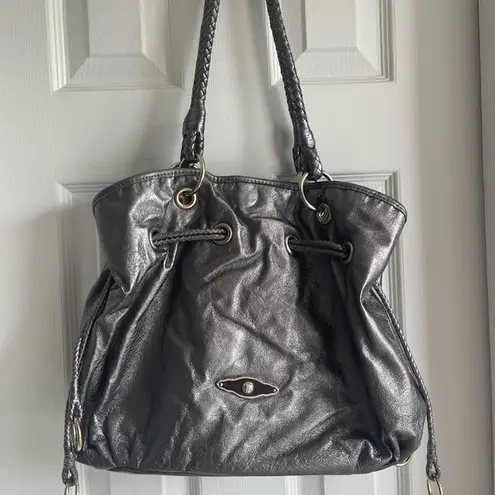 Elliot Luca Elliott Luca Silver Pewter Metallic Leather Drawstring Large Bucket Bag