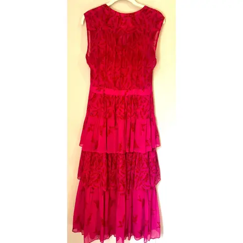 Ba&sh Cocktail Midi Dress in Fuchsia Sheer w/Tiered Skirt Lined US sz. 4