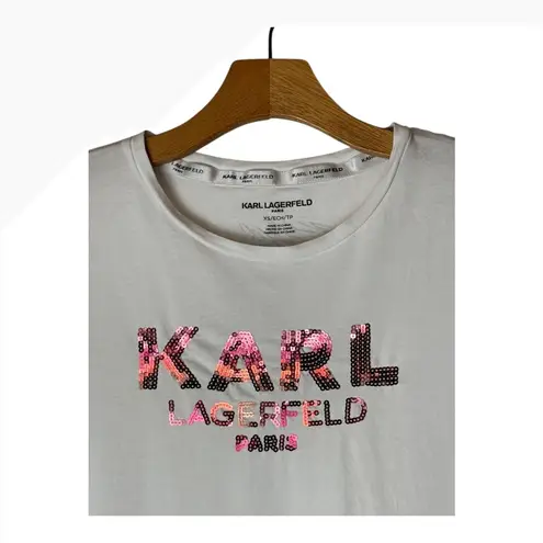 Karl Lagerfeld Shirt Women XS White Sequined Logo Short Sleeve Tee Athleisure