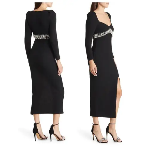 Saylor Alina Ribbed Imitation Pearl Fringe Long Sleeve Midi Dress (S)