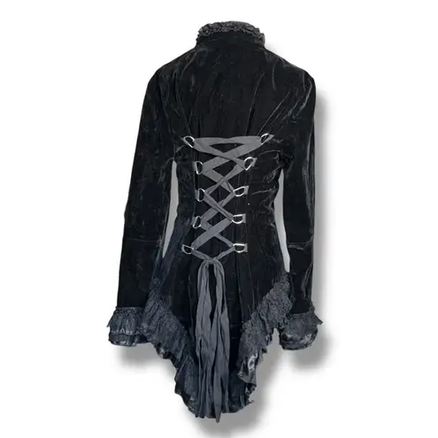 Hearts And Roses Black Velvet Gothic Military Jacket Lace Up Corset Back Sheer 8