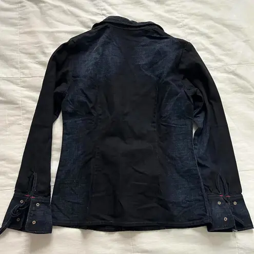 Marithe Francois Girbaud dark denim lace up front top tie sleeve Size medium Blue