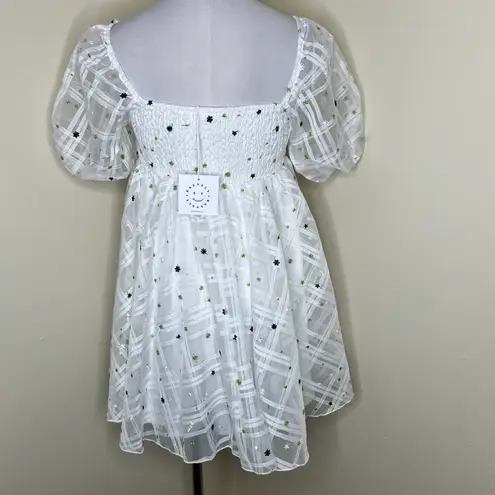 NWT BaeVely Babydoll Dress SMALL White Embroidered Mini Tulle Smocked Fairycore