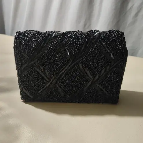Vintage Black Beaded Evening Clutch Vintage Red Satin Lining Magnetic Closure
