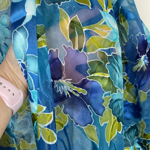 Vintage California Dynasty Sheer Floral Burnout Open Kimono Robe Duster womens S Blue