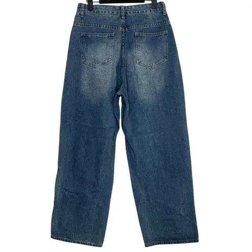 Evis Vintage Straight Wide Leg Mid Rise Full Length Casual Denim Jean Zip 8 Blue