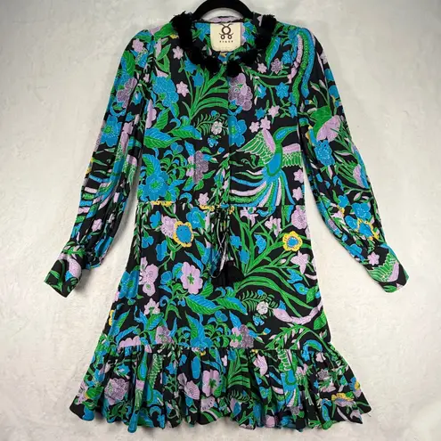 Figue Floral Print Mini Dress Long Sleeve Tassel Detail XS Black