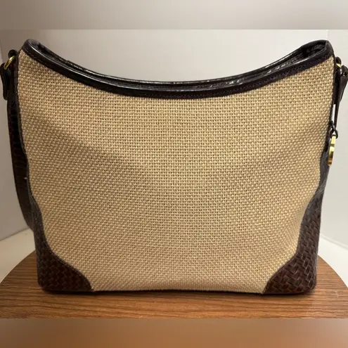 Brahmin Vintage Large Cream Woven Canvas Brown Leather Shoulder Handbag Purse