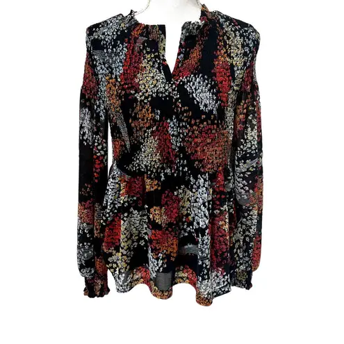 Akemi + Kin  Anthropologie Adria Black Floral Smocked V-Neck Blouse Small