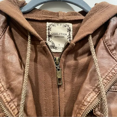 Coalition Girl Next Door Hooded Faux Leather Jacket Brown Size L