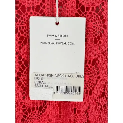 Zimmermann NWT Allia High Neck Lace Dress Coral Pink Crochet Shell Belted Maxi 0