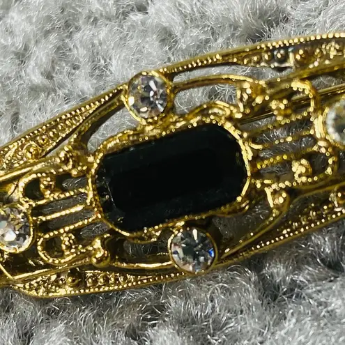 Onyx Art Deco Pin Brooch Gold Tone Faux Black  Clear Rhinestone Vintage Jewelry