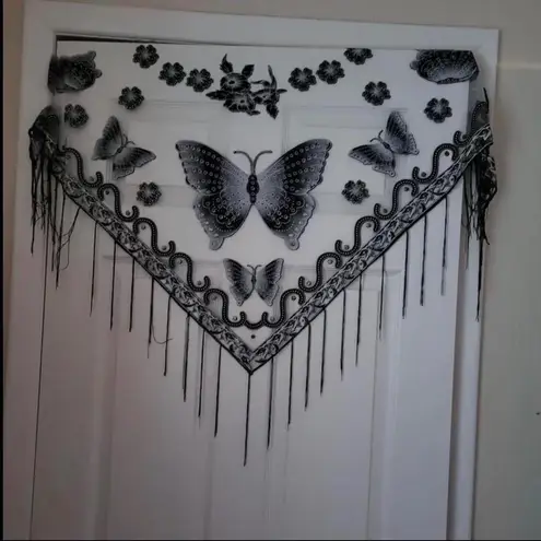 Black Bohemian Style Triangle Scarf Butterfly Flower lace design Embroidery Lace Tassel Shawl - Image 5