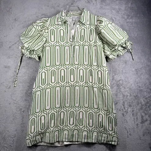 Avara Emmaline Dress Medium Green White Puff Sleeve Geometric Mod Retro Boho