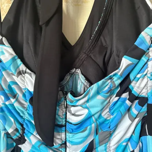 Vintage Y2K Dressbarn blue white black retro floral paisley halter mini dress Size 6