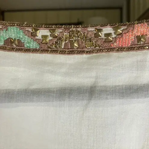 Love Sam Beaded Embroidered Tunic Top Blouse Beige Cotton Boho Women's L