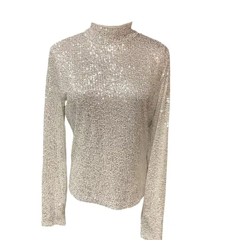 Elodie Women's Mock Neck Long Sleeve Sequined Lined Blouse Top Silver Size XL