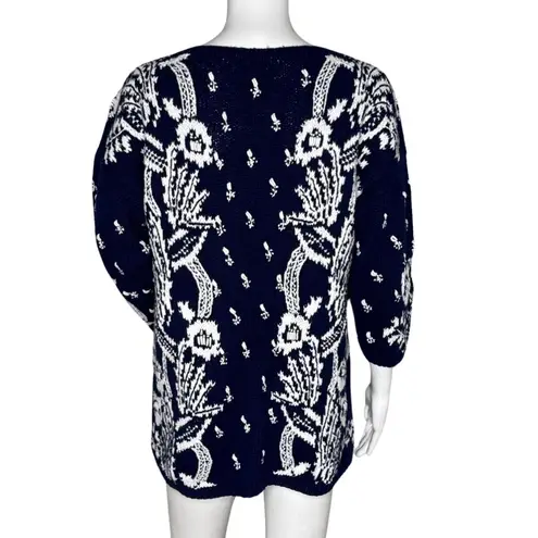 Jennifer Reed Sweater Womens Small Navy Blue White Floral Knitted by Hand Boho