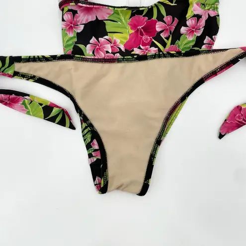 NEW Kechika Floral Bikini Bottoms Side Tie Black Hot Pink Hibiscus Green Size 12