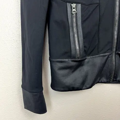 Alo Yoga  Black Moto Jacket Full Zip Size S Satin Trim Stretch Pockets Athleisure