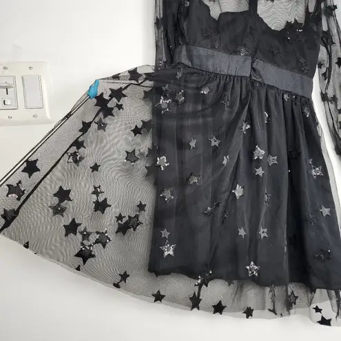 Women Sequin Star Print Black Tulle Dress Mesh See