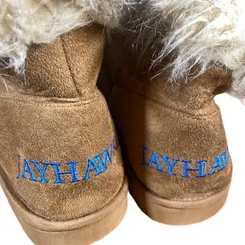 Jayhawks Kansas University College Slipper Faux Fur & Suede Boots Women Sz XL