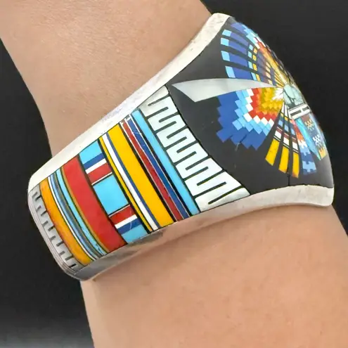 Vintage Native American Southwestern Sterling Multi Stone Inlay Cuff Bracelet Silver