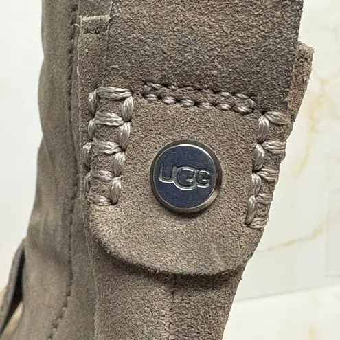 UGG Fern Waterproof Taupe Suede Moto Heeled Buckle Boots Women's 7 Combat Rugged