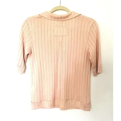Free People  We The Free Peach Krystal Ribbed Elbow Sleeve Collared Polo Shirt S