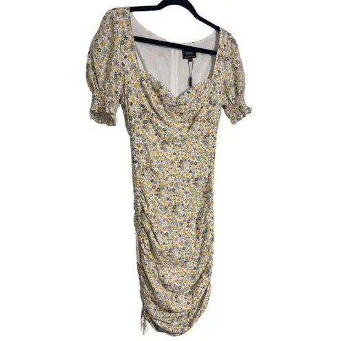 Bardot Cindy Sweetheart Ruched Mini Dress Soft Yellow Floral NWT 6 Small