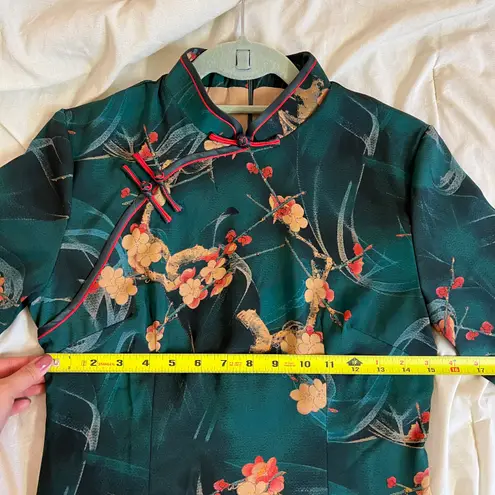 Green Chinese Satin Cheongsam Qi Pao Mandarin Collar Maxi Dress Size Large