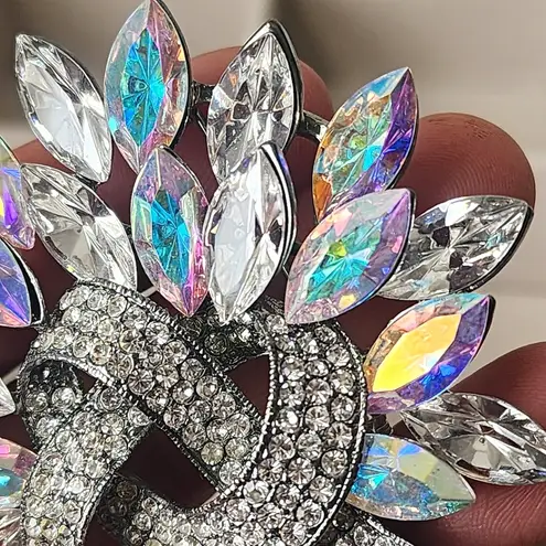 Large Statement Silver Iridescent Crystal Stones Brooch Pin