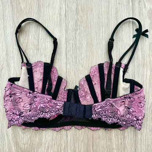 Victoria's Secret Victoria’s Secret Vintage Y2K Pink Black Bow Floral Lace Balconette Bustier Bra