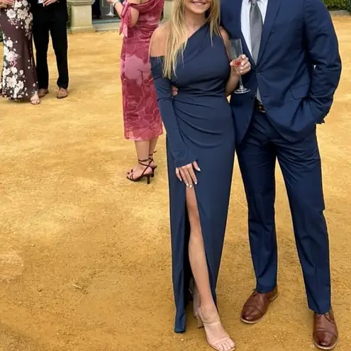 Katie May Deep Sea Blue MOJAVE Single Long Sleeve HIGH SLIT Ruched GOWN XS