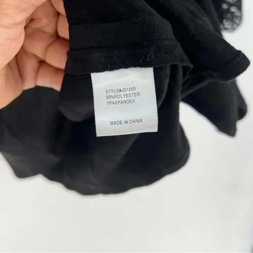 JODIFL Black Faux Suede Crisscross V-Neck Lace Trim Flare Sleeve Dress M