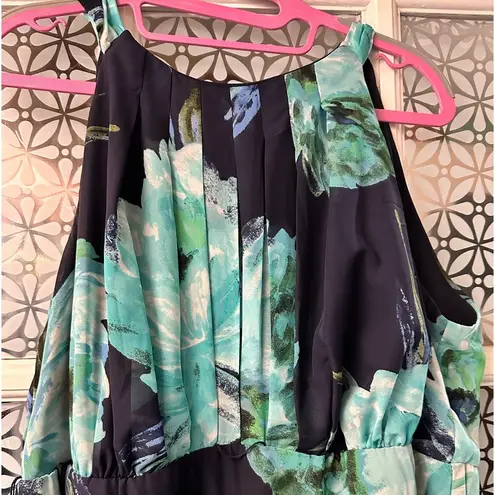 R & K navy teal floral chiffon maxi dress plus 16w