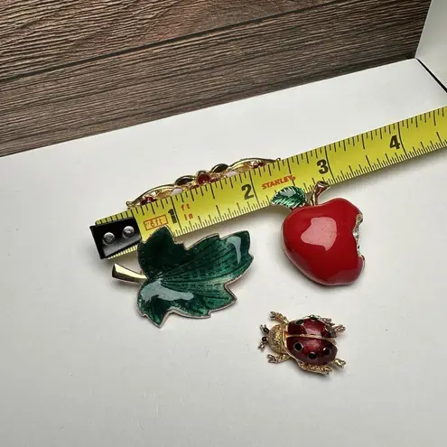Green Leaf, Red Apple, Ladybug Bug, Flower Bar Enamel Brooch Pin Lot Of 4 Gold