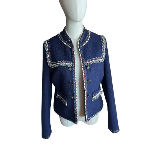 Boston Proper Navy Tweed Jacket Size 6 ā Braided Trim & Star Buttons