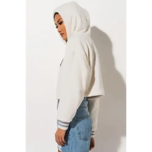 Champion  Cream Faux Fur Varsity C Cropped Soft Pullover Hoodie Size Large